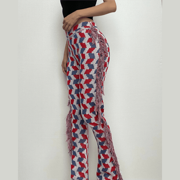 Tassels plaid contrast knitted pant