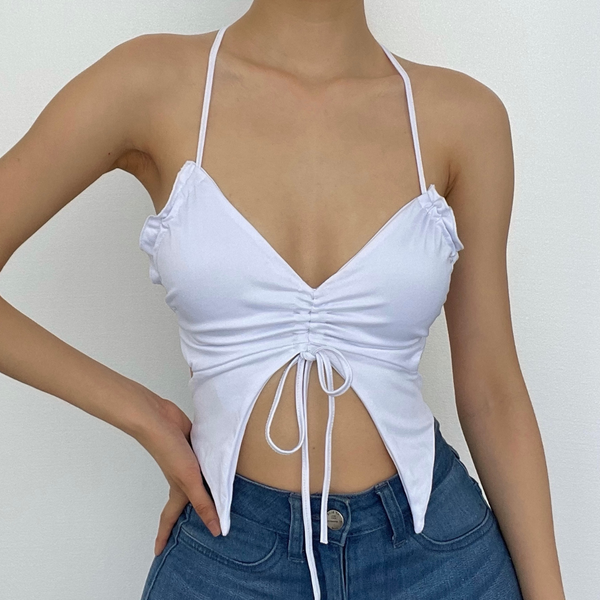 Double layered butterfly halter solid self tie backless top