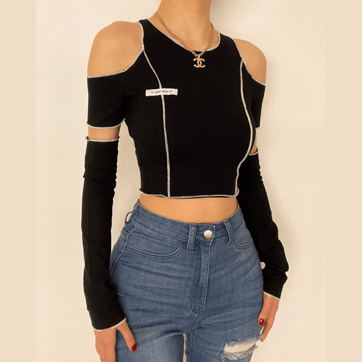 Long sleeve off shoulder patchwork ribbed top - Halibuy