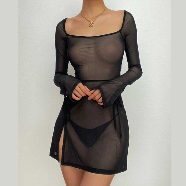 Sheer mesh see through square neck slit long sleeve mini dress