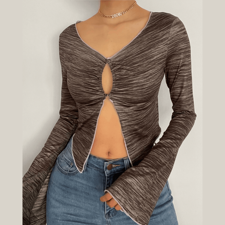 Long sleeve ruffled buttoned slit top - Halibuy