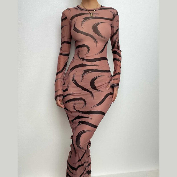 Sheer mesh see through long sleeve contrast print maxi dress