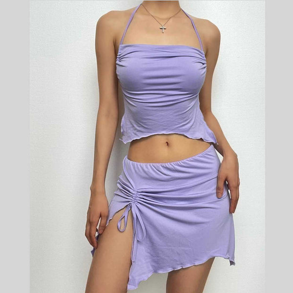Halter solid self tie backless drawstring irregular slit mini skirt set