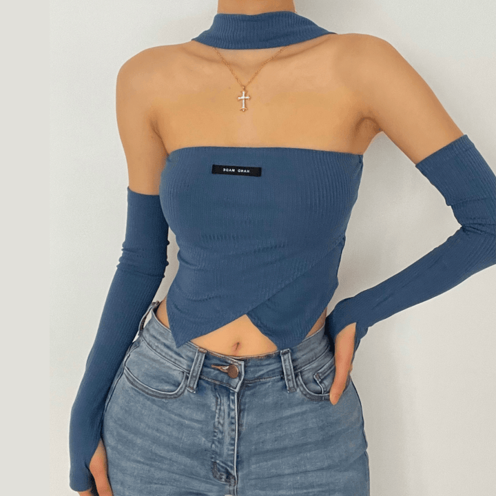 Ribbed halter gloves crop top - Halibuy