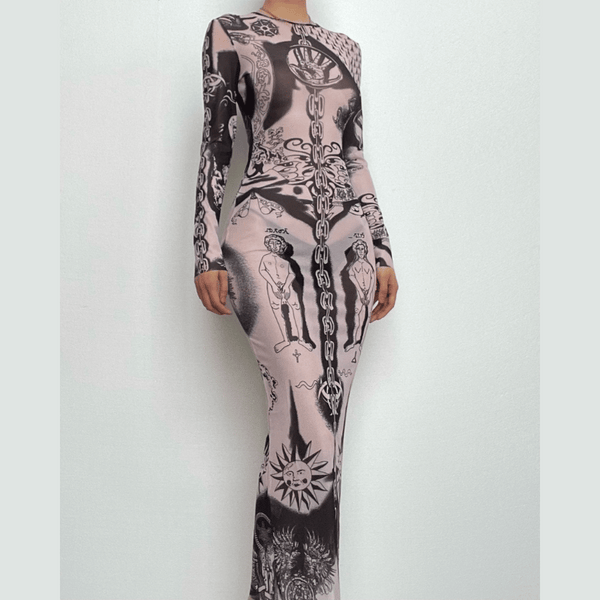Sheer mesh abstract contrast see through long sleeve maxi dress