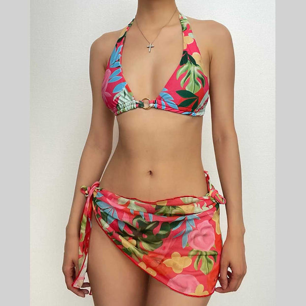 Flower print drawstring self tie halter backless mesh 3 piece swimwear