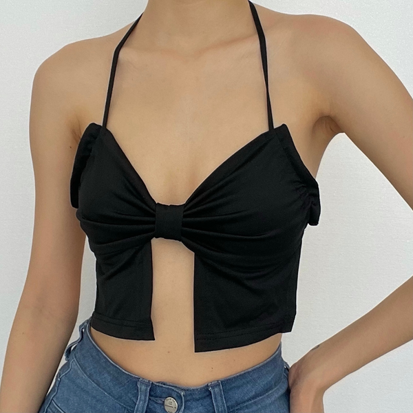 Double layered halter self tie backless bowknot solid cami top