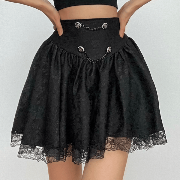 Button lace hem solid zip-up ruched mini skirt