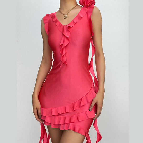 Sleeveless v neck ruffle flower applique ribbon mini dress