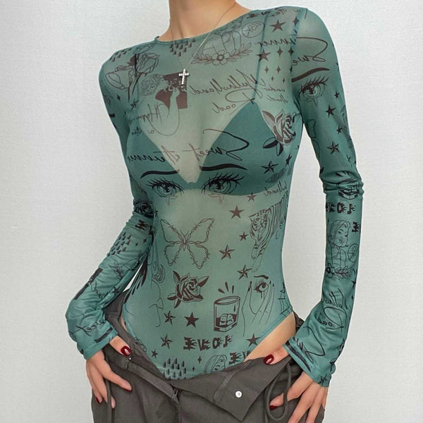 Sheer mesh see through abstract long sleeve bodysuit