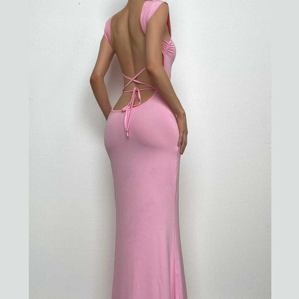 Backless sleeveless lace up self tie solid maxi dress