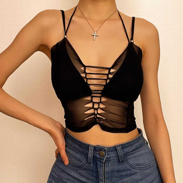 Mesh solid hollow out halter self tie backless 2 piece cami crop cut out top
