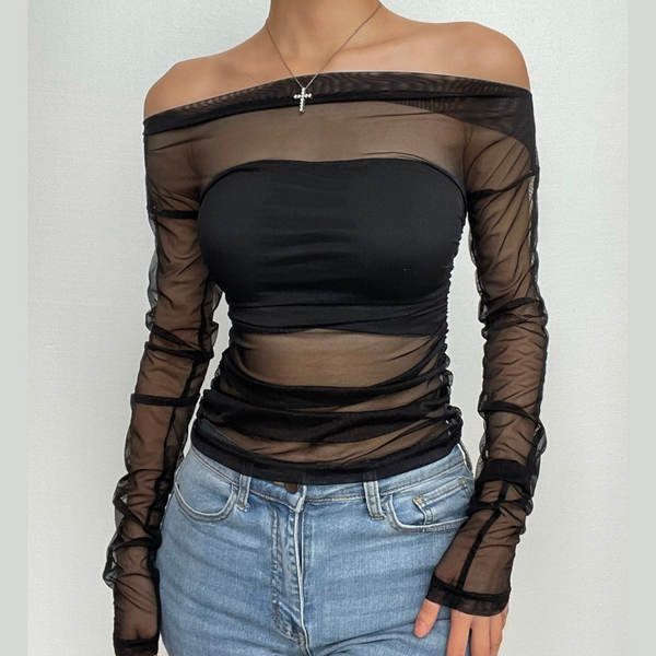 Mesh off shoulder ruched solid long sleeve 2 piece top