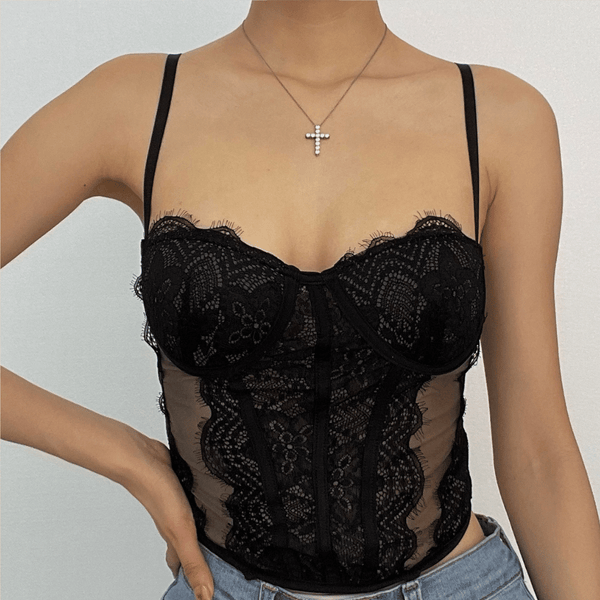 Mesh button lace hem backless bustier cami top