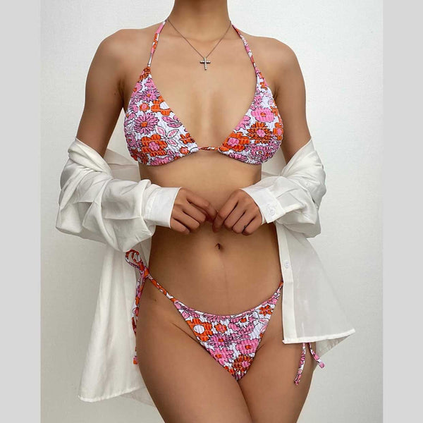Ruched halter contrast flower pattern self tie bikini swimwear