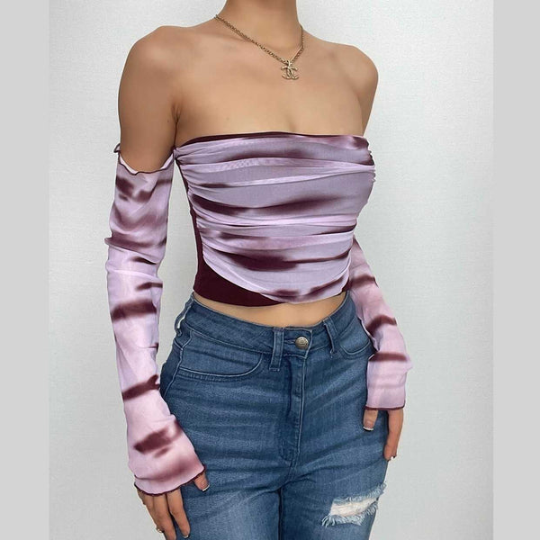 Long sleeve off shoulder ruffle mesh tie dye ruched top