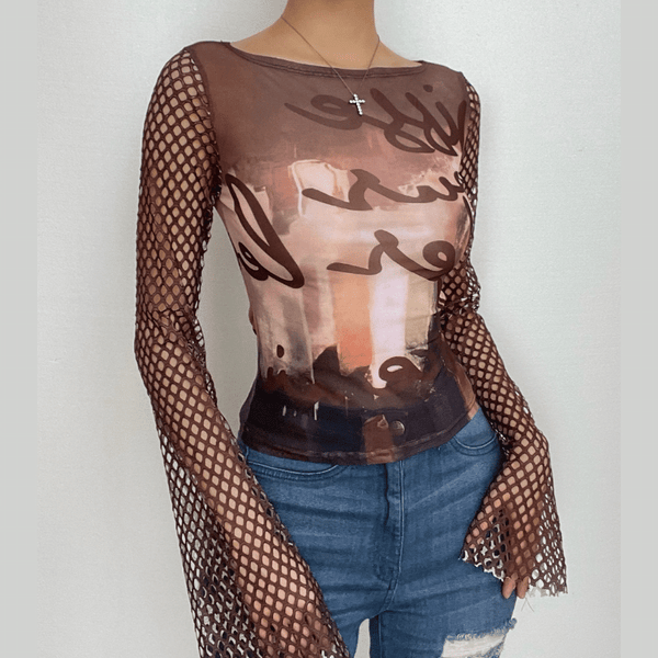 Fishnet long sleeve hollow out mesh contrast cut out top
