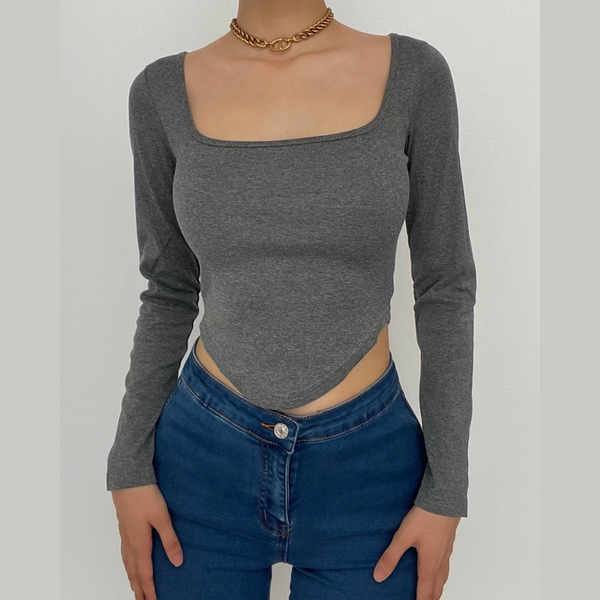 Long sleeve solid square neck crop top