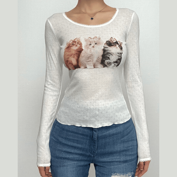 Cat pattern long sleeve round neck textured ruffle top