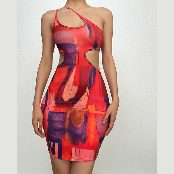 One shoulder hollow out contrast print sleeveless backless mini dress