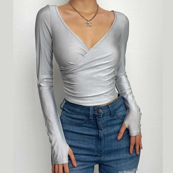 Ruched long sleeve gloves v neck solid crop top