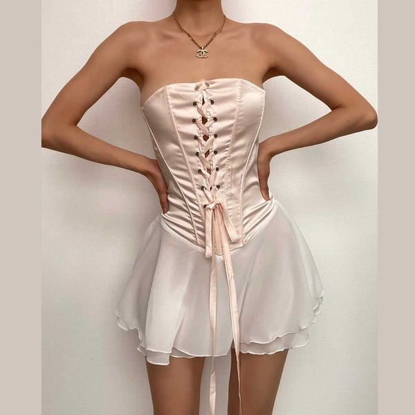 Contrast lace up zip-up ruffle backless tube mini dress