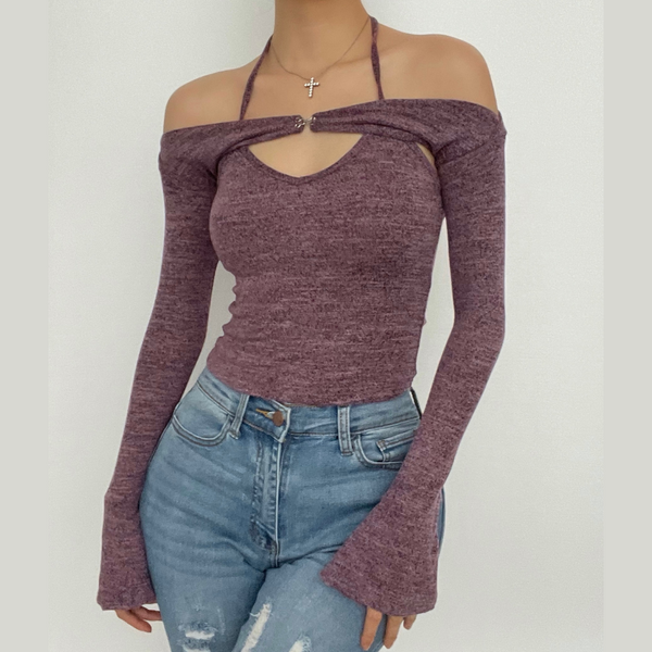 Long sleeve off shoulder knitted 2 piece top