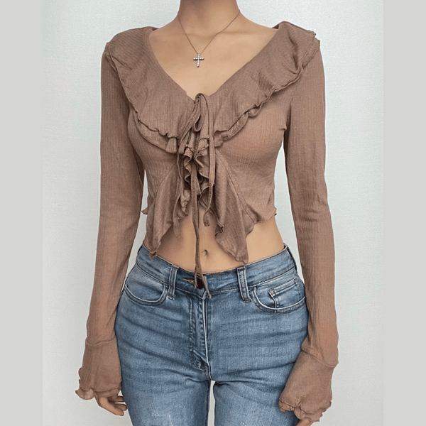 Self tie solid ruffle long flared sleeve v neck crop top