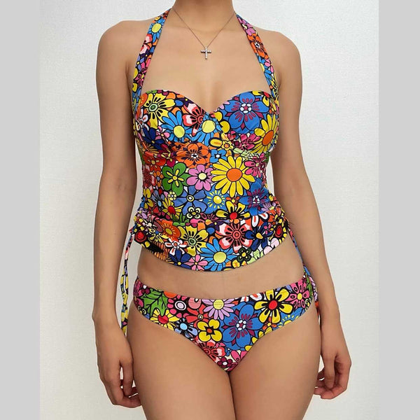 Contrast flower pattern print padded halter self tie bikini swimwear