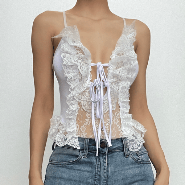 Lace ruffle v neck self tie solid backless cami bodysuit