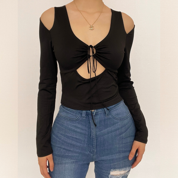 Hollow out solid long sleeve drawstring ruched off shoulder crop cut out top