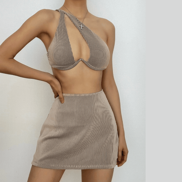 One shoulder hollow out solid irregular button 3 piece swimwear