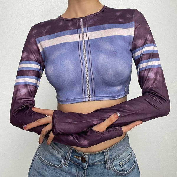 Tie dye gloves long sleeve contrast crewneck crop top