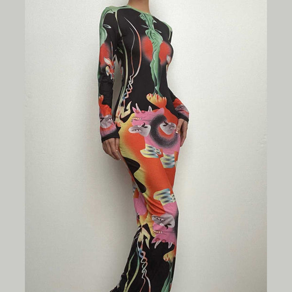 Long sleeve contrast abstract print round neck midi dress