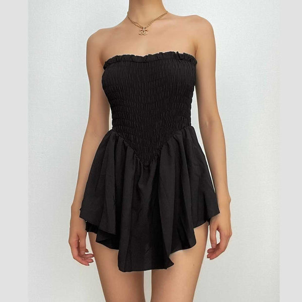 Smocked ruched solid ruffle backless tube mini dress
