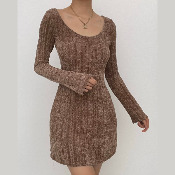 Long sleeve solid fluffy off shoulder hollow out mini dress