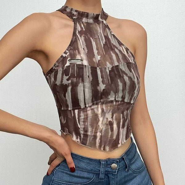 Tie dye halter metal tag contrast mesh sleeveless crop top