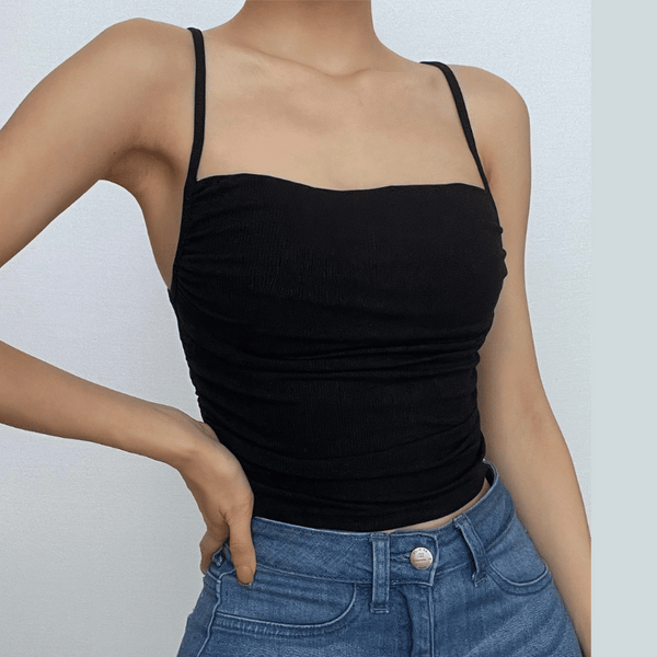 Square neck ruched solid ribbed backless cami crop top
