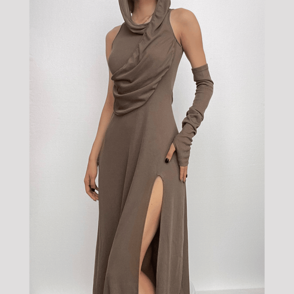 Hoodie ruched gloves irregular sleeveless slit maxi dress