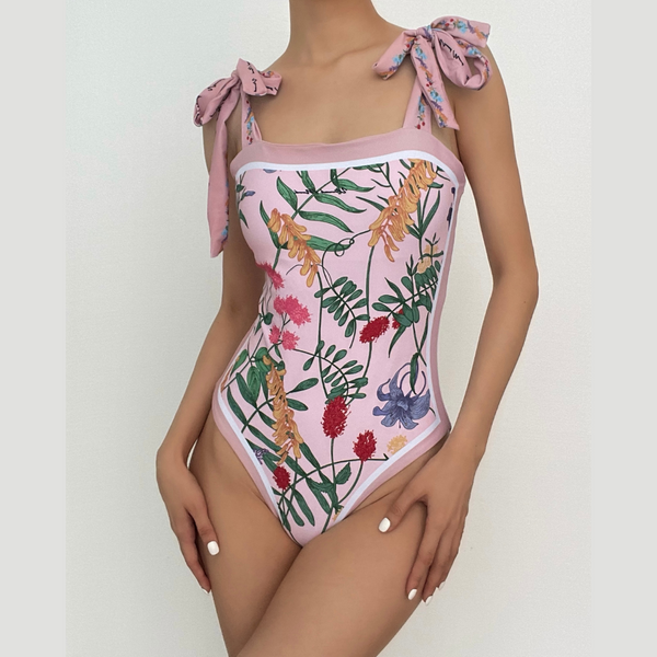 Contrast print self tie 2-way one piece swimwear