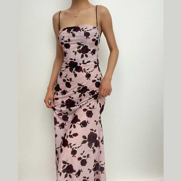 Flower print low cut spaghetti strap contrast lace up backless midi dress