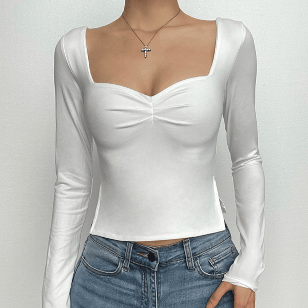 Square neck ruched long sleeve slit solid top