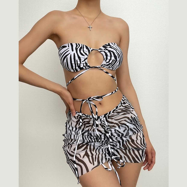 Zebra print mesh drawstring halter self tie 3 piece swimwear