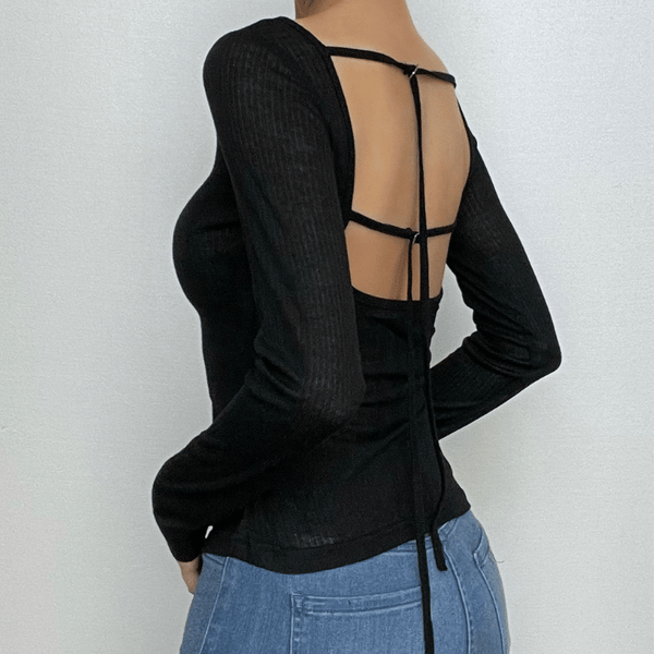 Round neck hollow out backless long sleeve solid cut out top