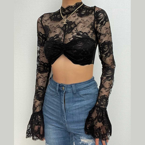 Sheer mesh see through solid flared sleeve ruched crop top
