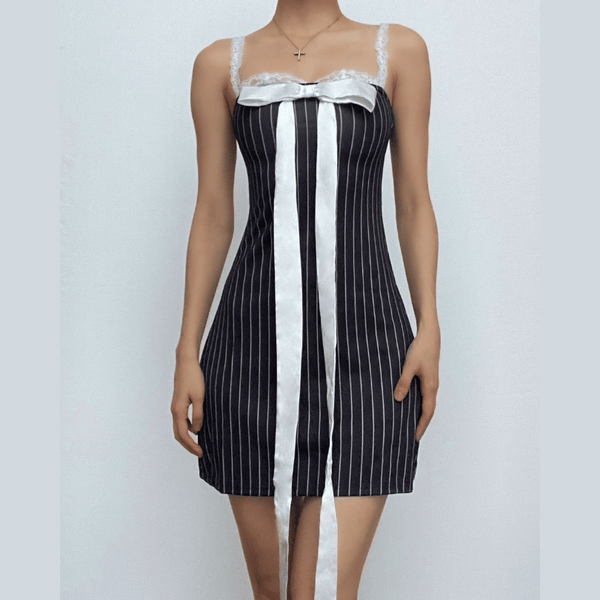 Backless lace hem bowknot striped contrast mini dress