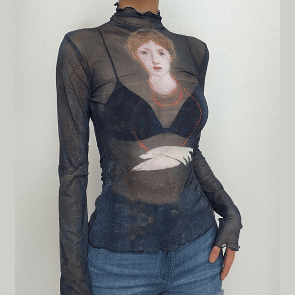 Ruffle see through sheer mesh long sleeve oil painting print top