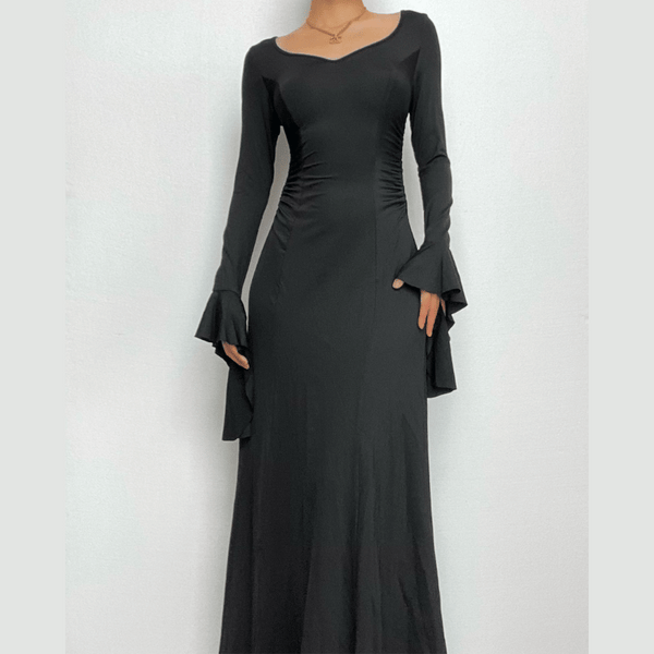 Long flared sleeve solid v neck ruched maxi dress