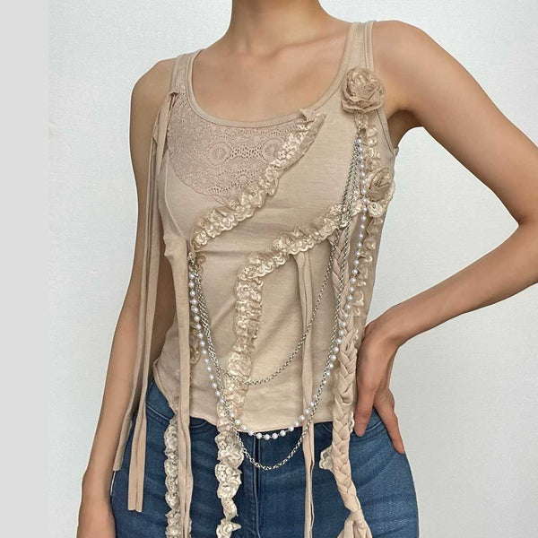 Metal chain sleeveless lace hem irregular solid top