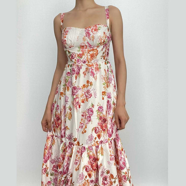 Ruched flower print contrast sleeveless midi dress